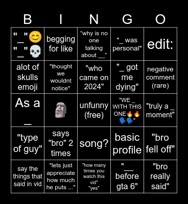 YouTube Comments Bingo Card