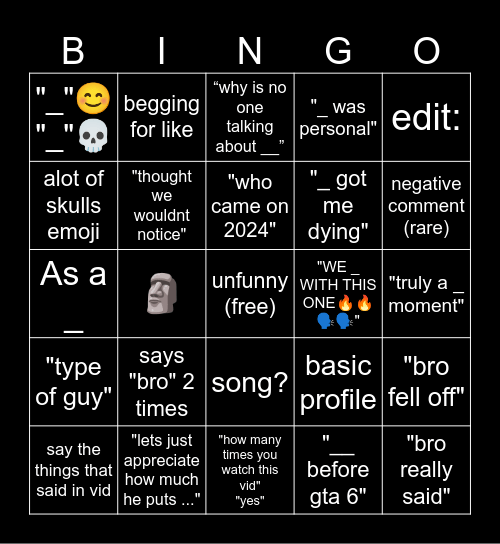 YouTube Comments Bingo Card