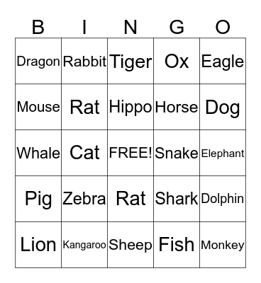 Animal Bingo Card