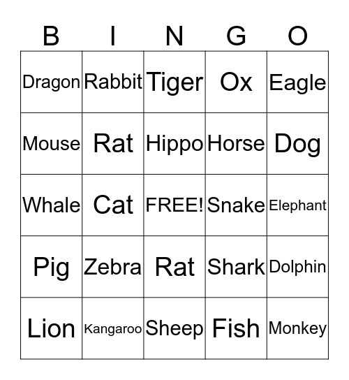 Animal Bingo Card
