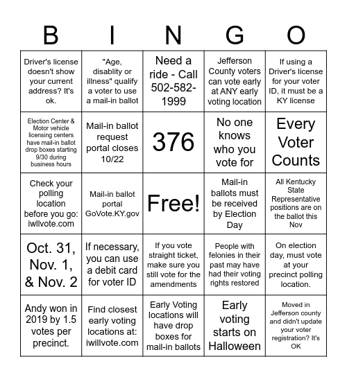 Kentucky Voter Info Bingo Card