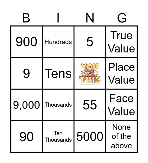 Place Value, True Value and Face VAlue Bingo Card