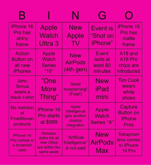 ‘It’s Glowtime’ Apple Event Bingo, HeyDingus Edition Bingo Card