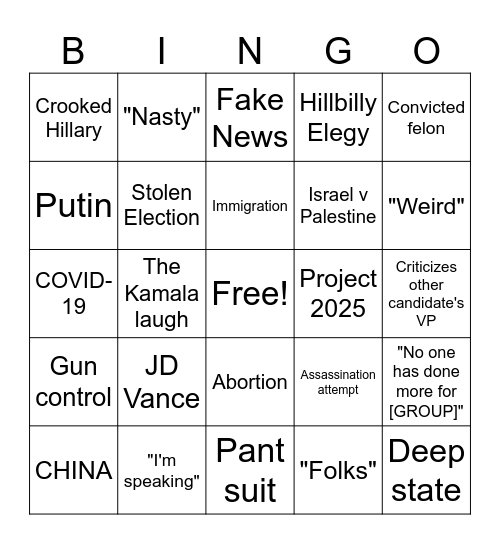 Harris v Trump Presidential Clamp Bingo Card