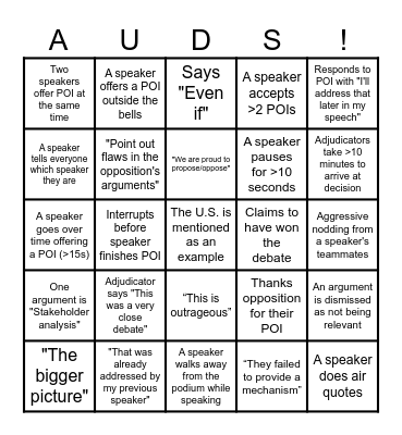 AUDS BP Grand Final! Bingo Card