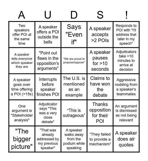 AUDS BP Grand Final! Bingo Card