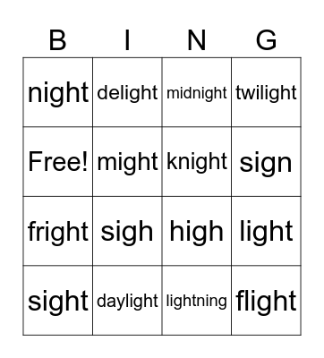 -igh words Bingo Card
