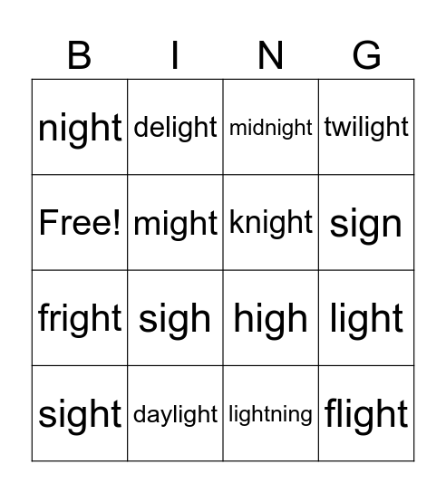 -igh words Bingo Card