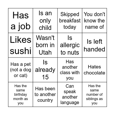 Get to Know Your Classmates Bingo Card