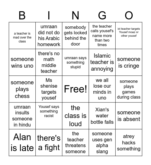 class bingo Card