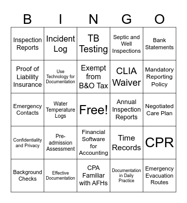 Effective Documentation for Business and Care in the AFH Bingo Card