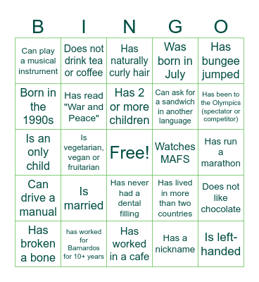 Barnardos Mingle Bingo Card