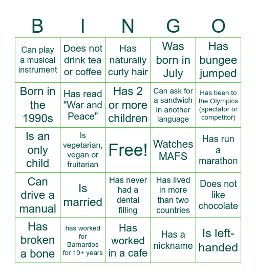 Barnardos Mingle Bingo Card