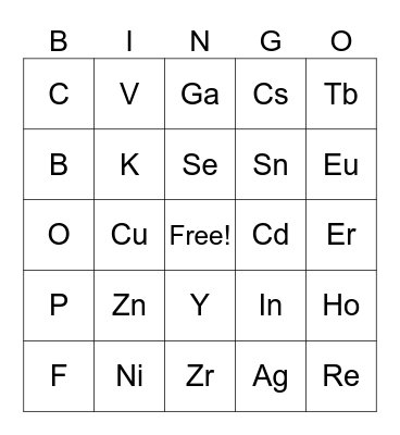 Bingo of Elements Bingo Card