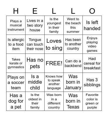 Hello Bingo! Bingo Card