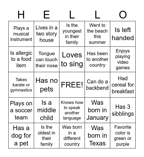 Hello Bingo! Bingo Card