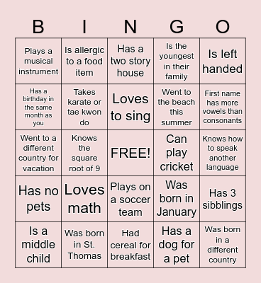 Get to know you! Bingo Card