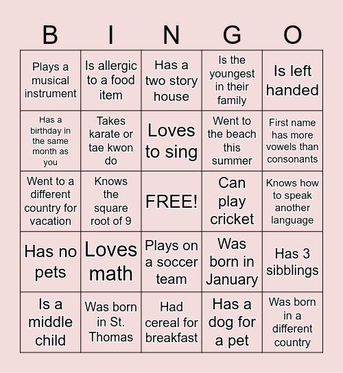 Get to know you! Bingo Card