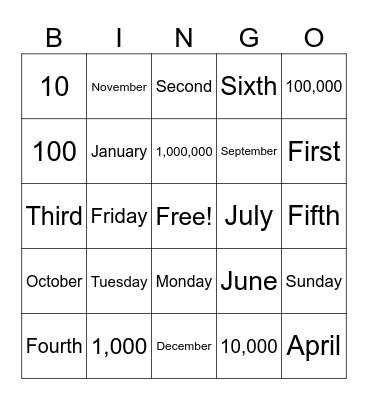 Numbers Numbers Numbers Bingo Card