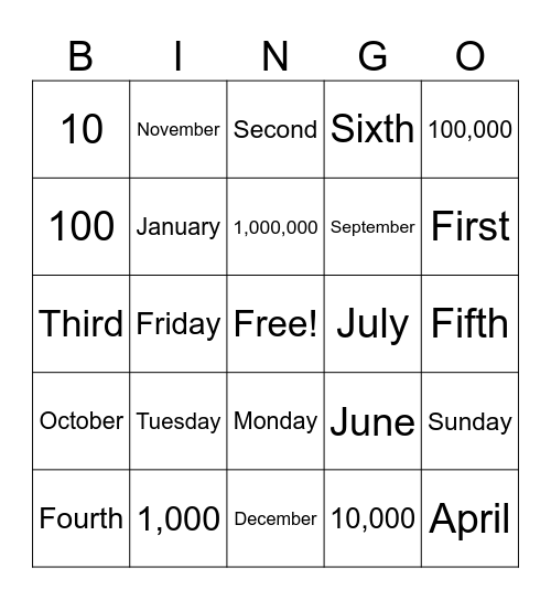 Numbers Numbers Numbers Bingo Card