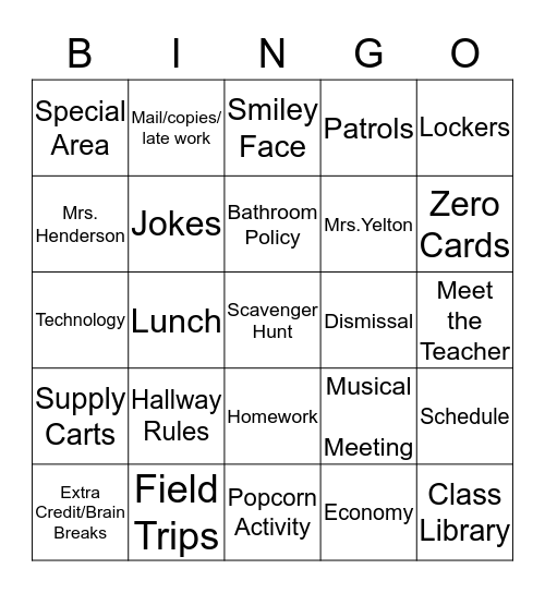 Back to School BINGO Card