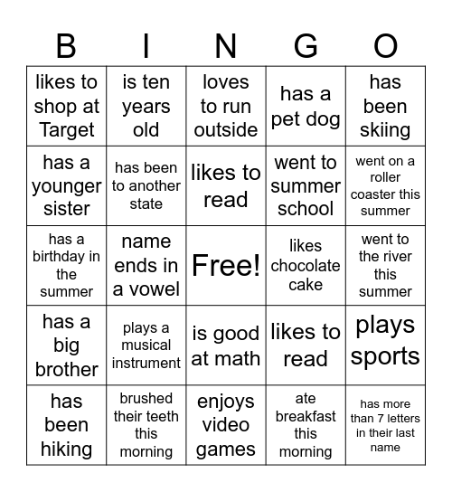 Welcome Back Bingo Card