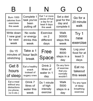 Wellness Challenge Week 1 Bingo Card