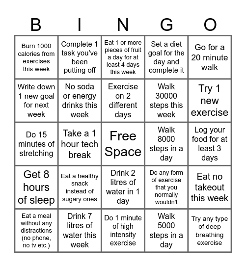 Wellness Challenge Week 1 Bingo Card