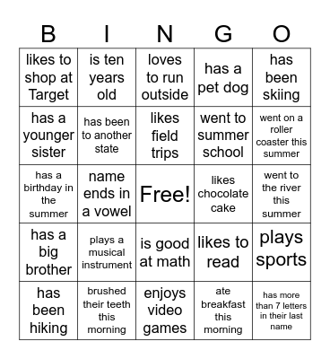 Welcome Back Bingo Card