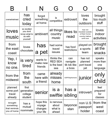 Red Sea Get to Know You Bingo Card