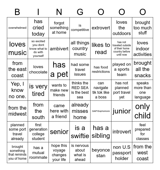 Red Sea Get to Know You Bingo Card