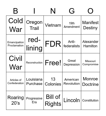 US History & Government Bingo Card