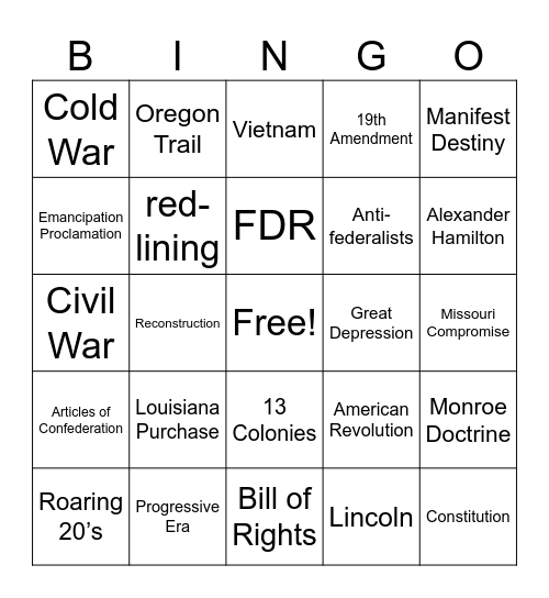 US History & Government Bingo Card