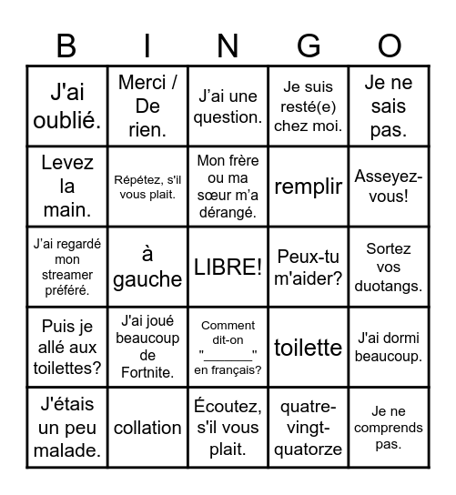 Les mots et expressions courants Bingo Card