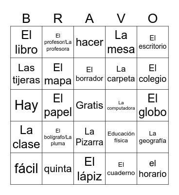 La escuela Bingo Card