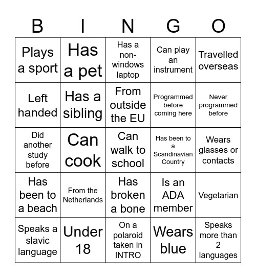 Classmate bingo Card