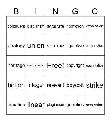 Vocabulary 8th Grade Bingo Card