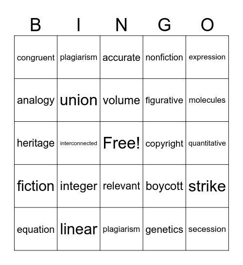 Vocabulary 8th Grade Bingo Card