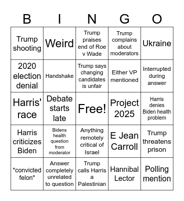 Debate Night Bingo Card