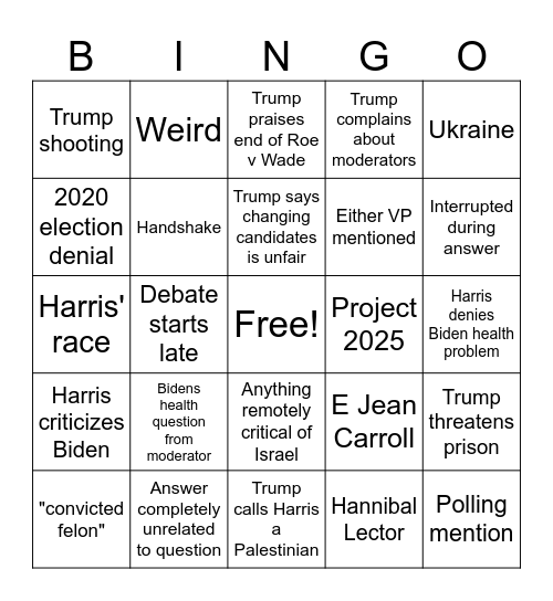 Debate Night Bingo Card