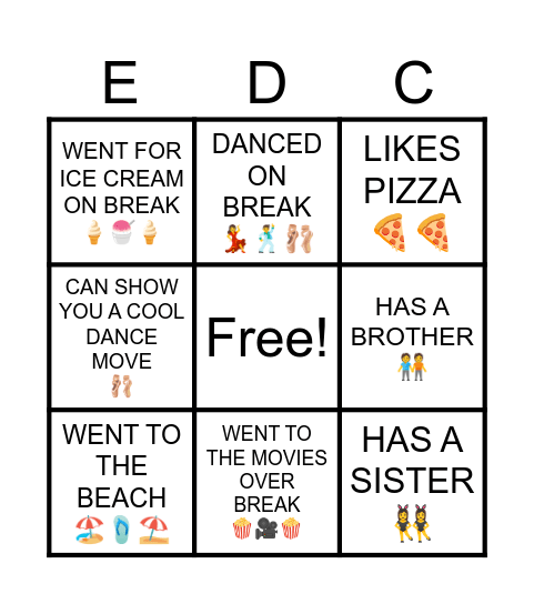 DANCE BINGO Card