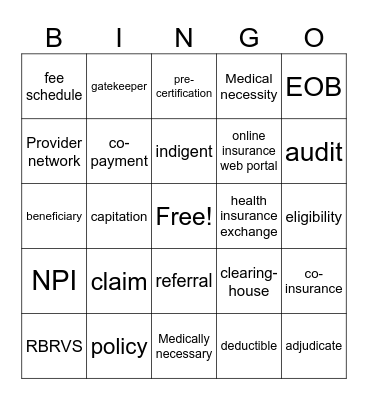Insurance Billing Terms Bingo Card
