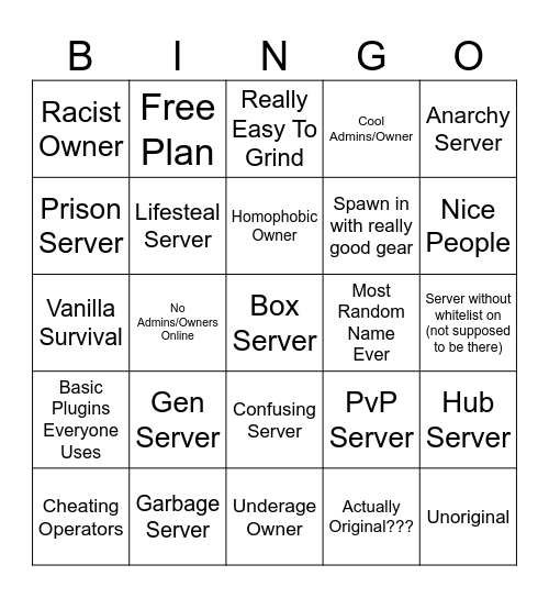 Minehut Servers Bingo Card