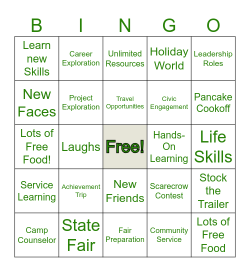 Jr. Leaders Bingo Card