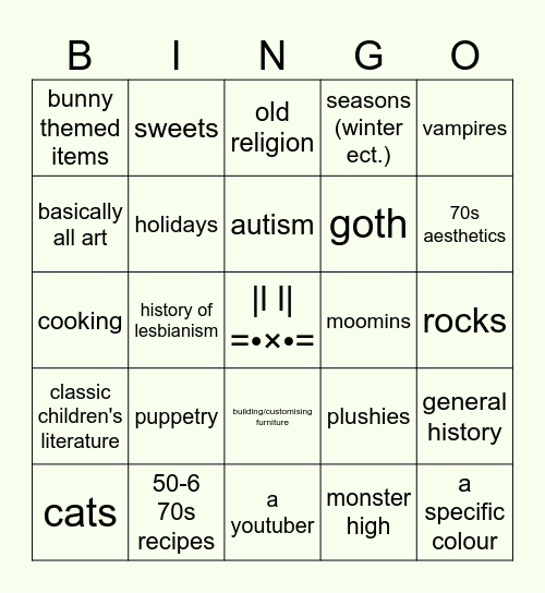 bunny's special interests Bingo Card