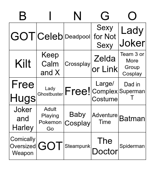 Comic Con 20016 Bingo Card