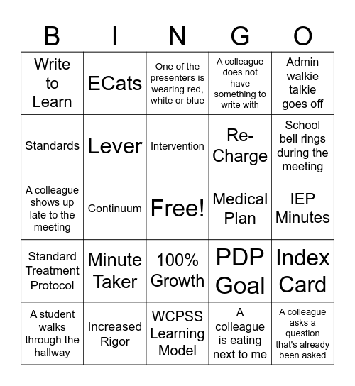 Grade Level Bingo Card