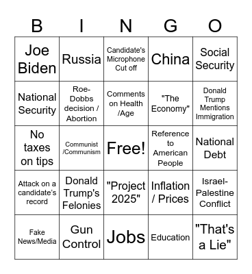 Debate Watch Party Bingo Card
