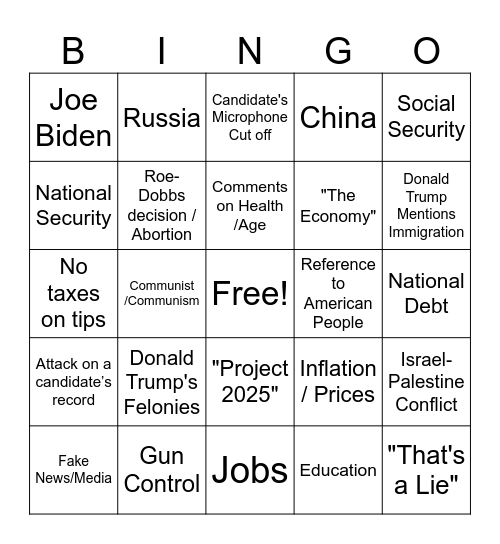 Debate Watch Party Bingo Card