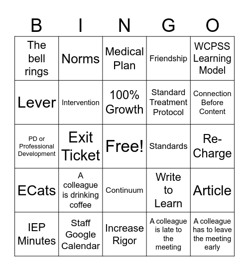 Grade Level Bingo Card